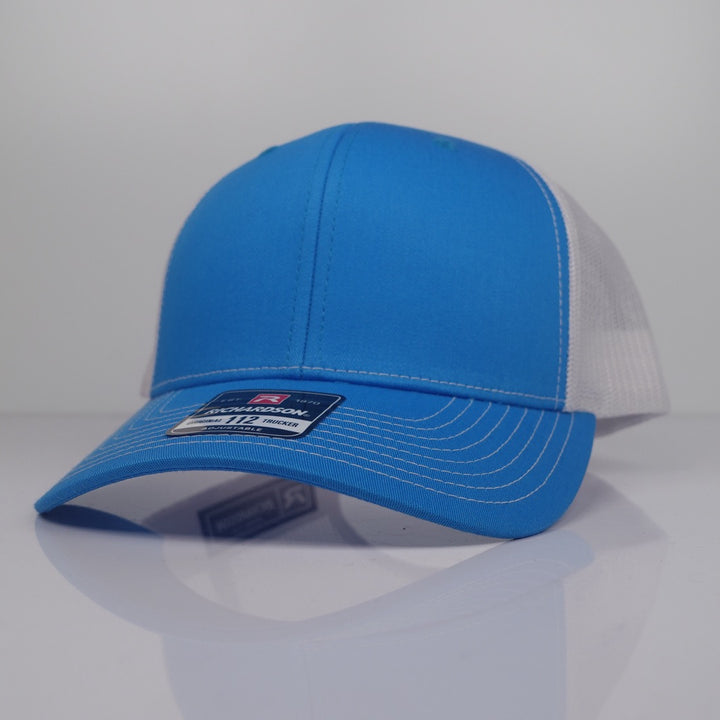 Custom Embroidered Trucker Hat - Richardson 112 option shown in Cyan / White