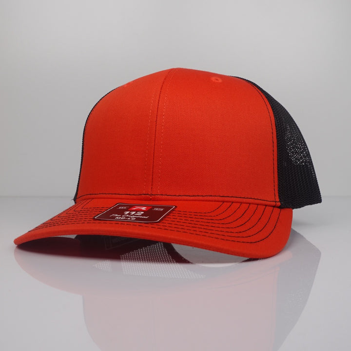 Custom Embroidered Trucker Hat - Richardson 112 option shown in Orange / Black