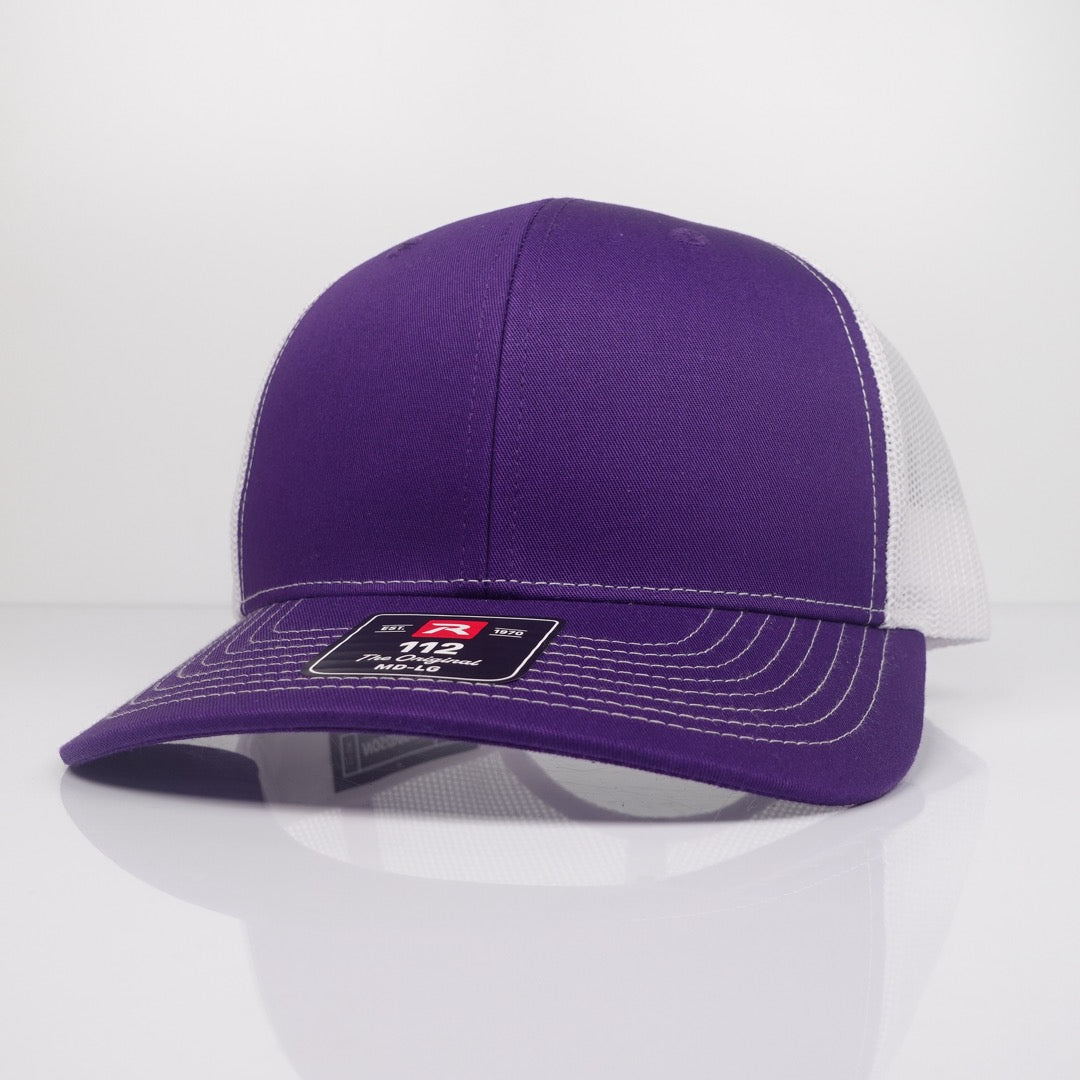 Custom Embroidered Trucker Hat - Richardson 112 option shown in Purple / White