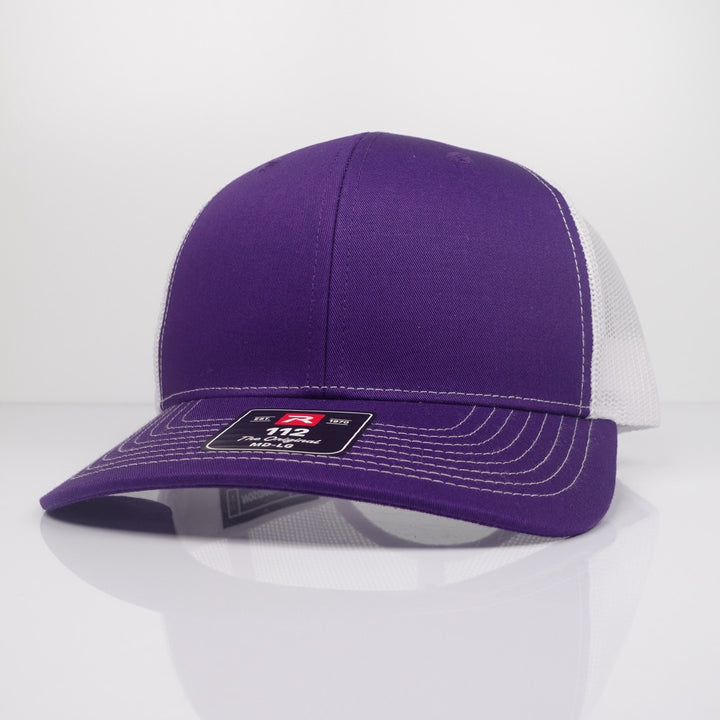 Custom Embroidered Trucker Hat - Richardson 112 option shown in Purple / White