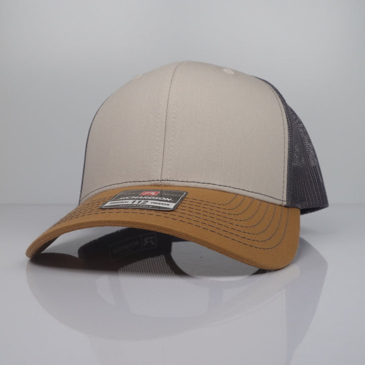 Custom Embroidered Trucker Hat - Richardson 112 option shown in Mink Beige / Charcoal / Amber Gold