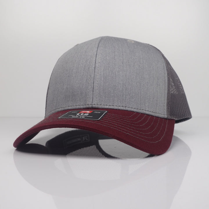 Custom Embroidered Trucker Hat - Richardson 112 option shown in Heather Grey / Charcoal / Maroon