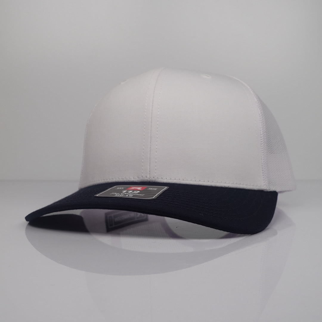 Custom Embroidered Trucker Hat - Richardson 112 option shown in White / Navy CMB
