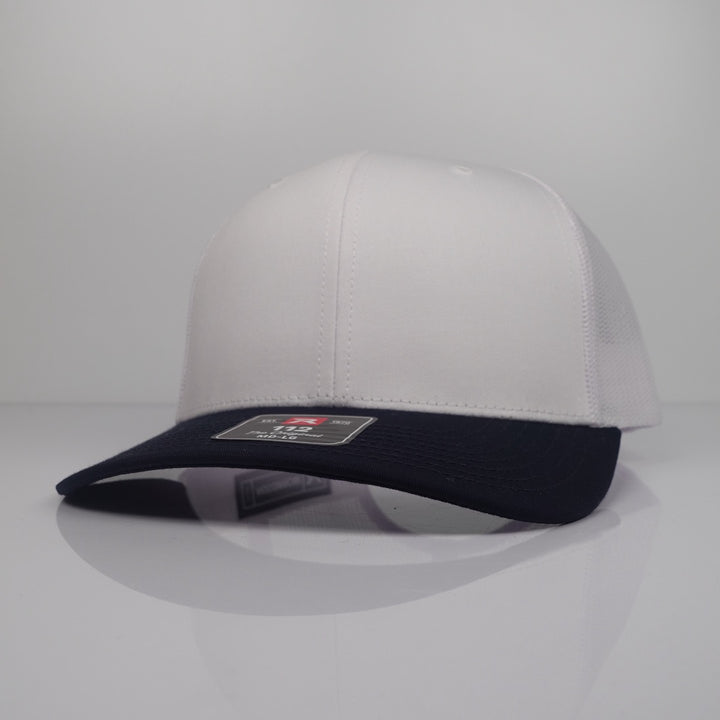 Custom Embroidered Trucker Hat - Richardson 112 option shown in White / Navy CMB