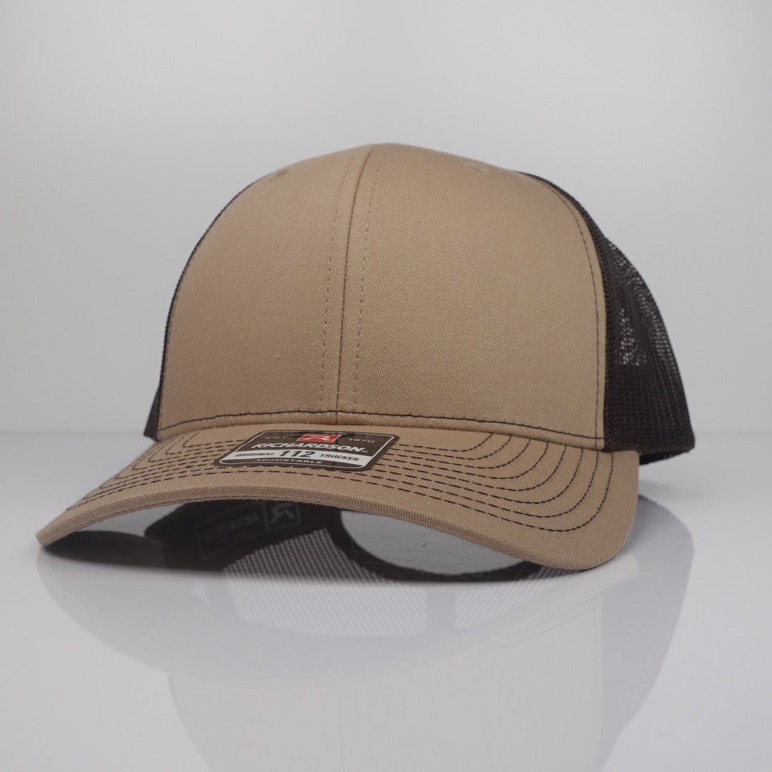 Custom Embroidered Trucker Hat - Richardson 112 option shown in Khaki / Coffee