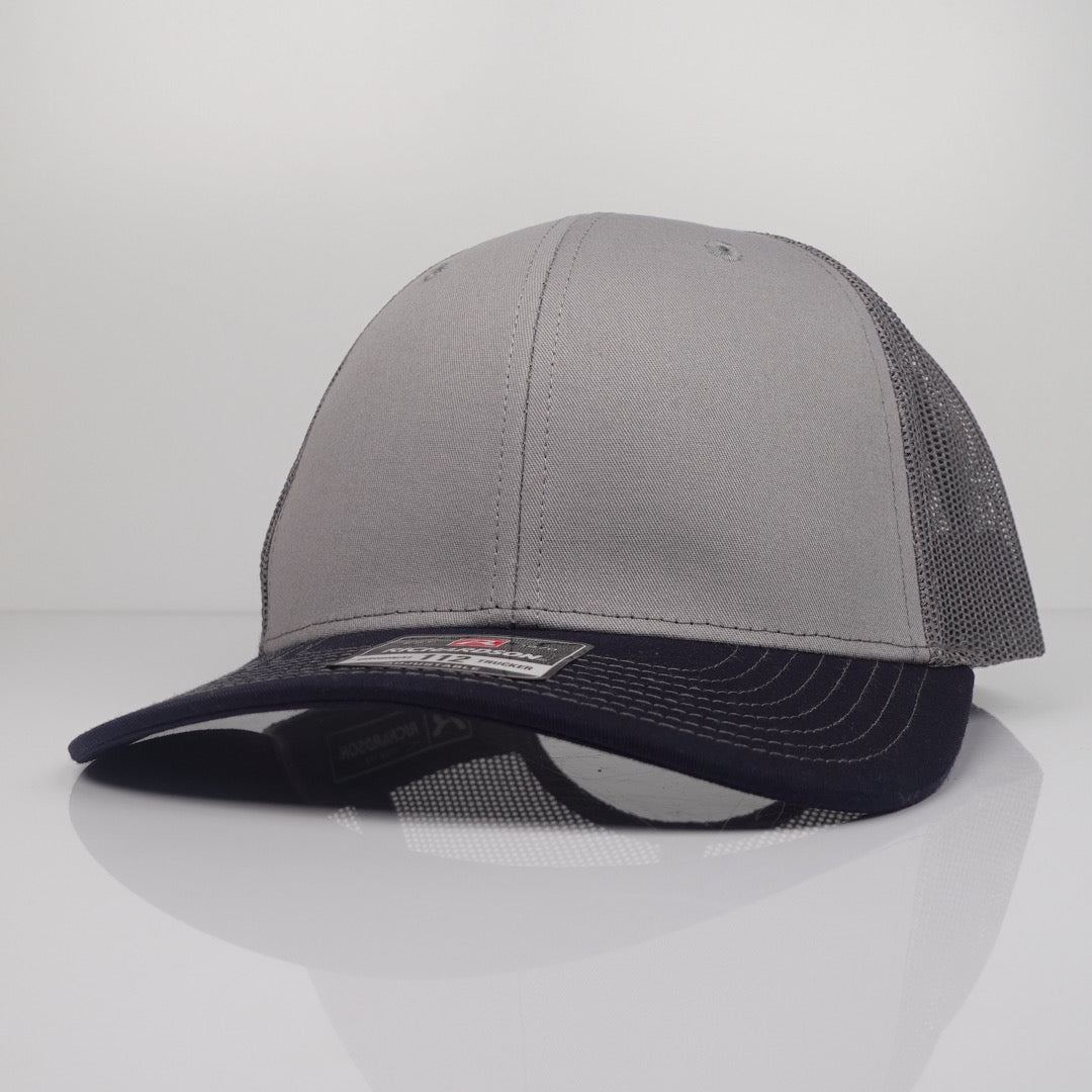 Custom Embroidered Trucker Hat - Richardson 112 option shown in Grey / Charcoal / Navy