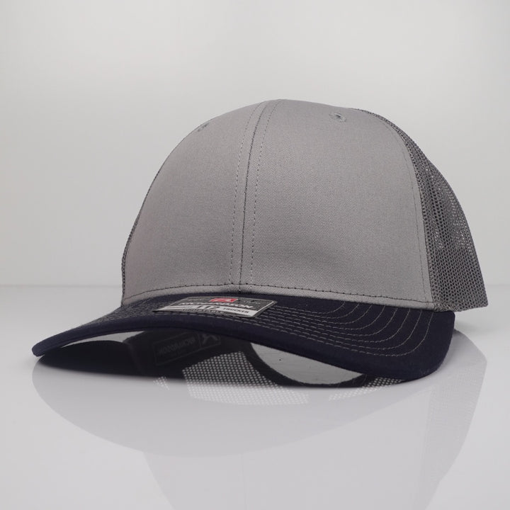 Custom Embroidered Trucker Hat - Richardson 112 option shown in Grey / Charcoal / Navy