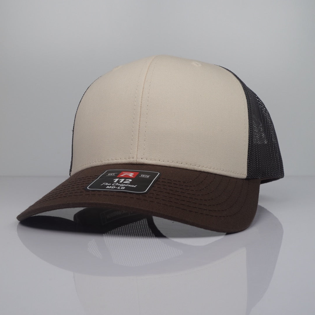 Custom Embroidered Trucker Hat - Richardson 112 option shown in Cream / Grey / Brown / Brown