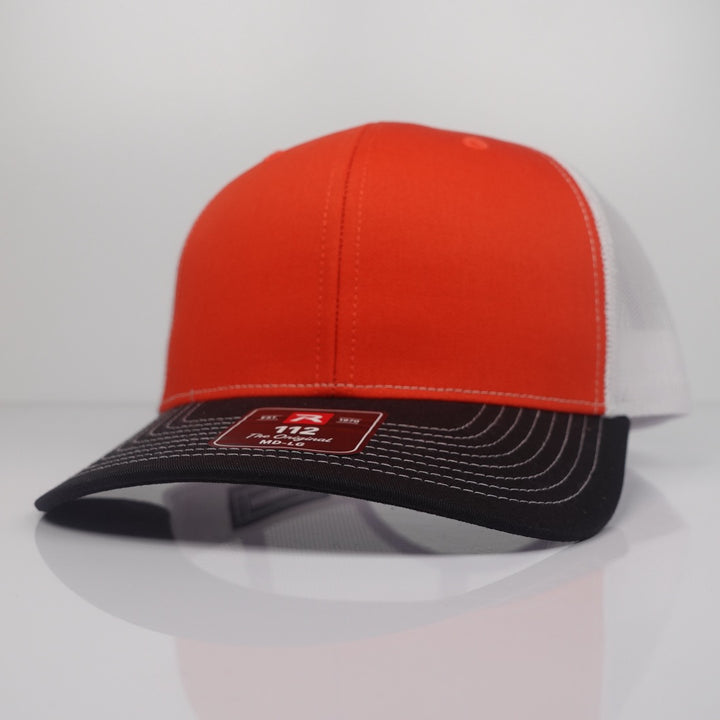 Custom Embroidered Trucker Hat - Richardson 112 option shown in Orange / White / Black