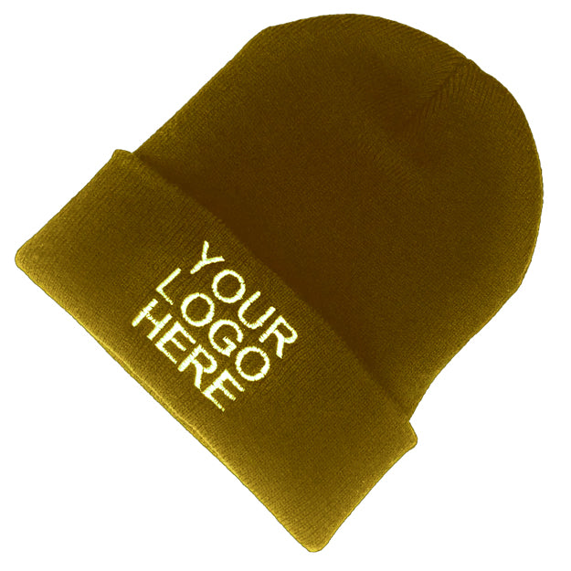 Custom embroidered beanie product image showing logo embroidery placement on a knit cuff beanie