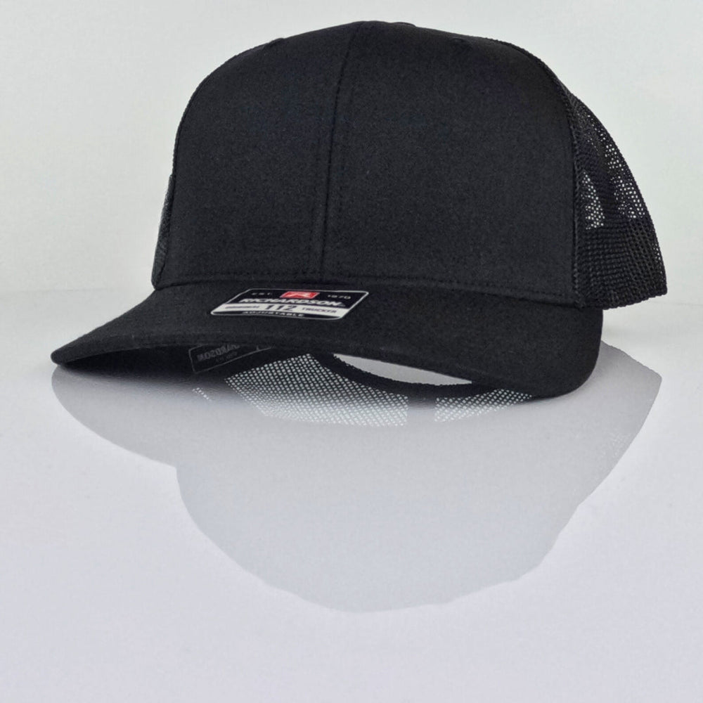 Custom Embroidered Trucker Hat - Richardson 112 with Your Logo Black Black structured mesh-back trucker