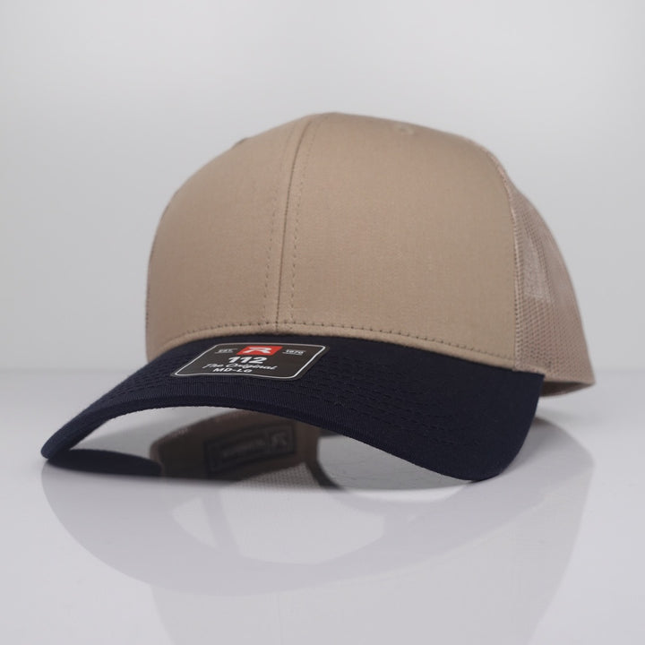 Custom Embroidered Trucker Hat - Richardson 112 option shown in Khaki / Navy CMB