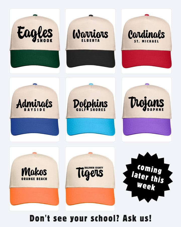 BCH school spirit leather patch hat collage - upcoming school variants