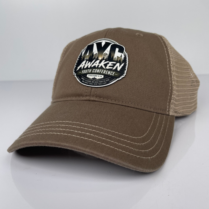 Awaken Youth Conference Richardson 111 hat with custom leather patch, front view