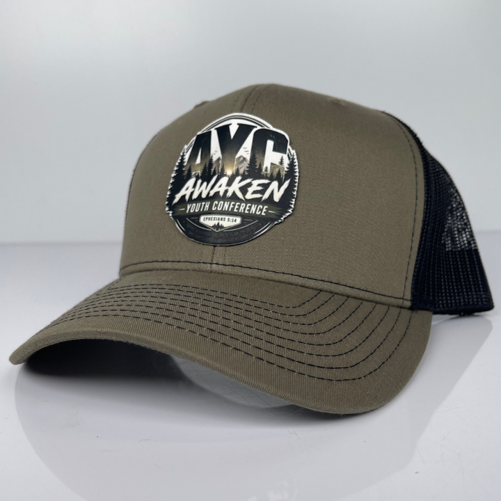 Awaken Youth Conference Richardson 112 hat with custom leather patch, front view