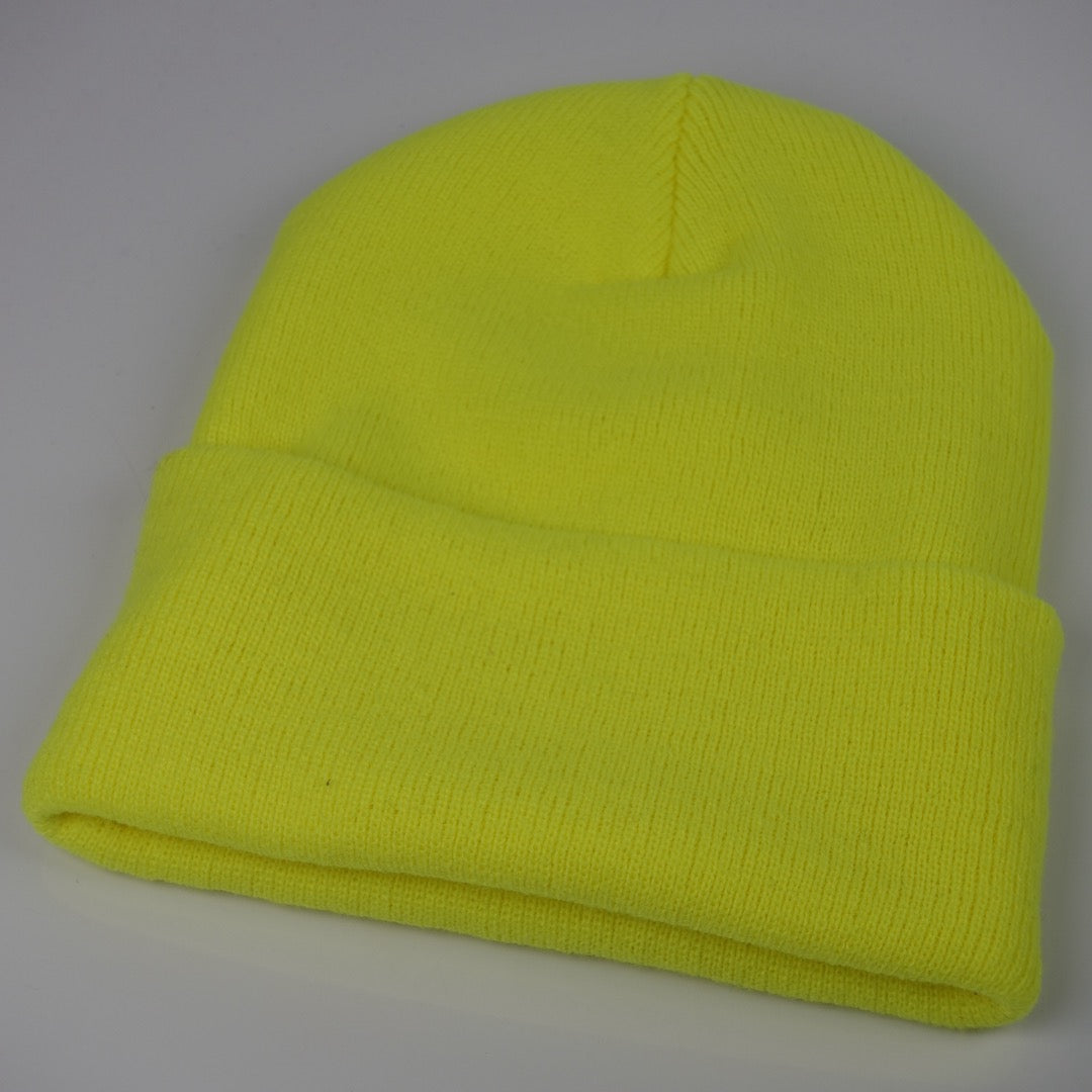 Custom Embroidered Beanie - Yupoong 1501KC option shown in Safety Yellow