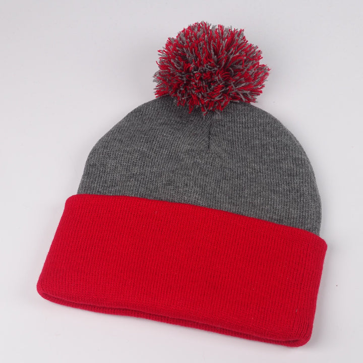 Custom Embroidered Pom Beanie - Sportsman SP15 option shown in Dark Heather Grey / Red