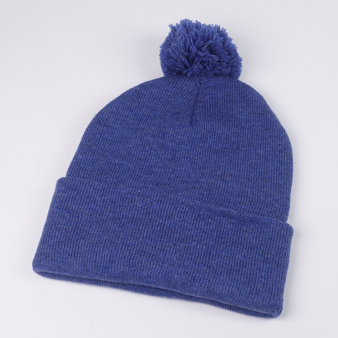 Custom Embroidered Pom Beanie - Sportsman SP15 option shown in Heather / Dark Royal