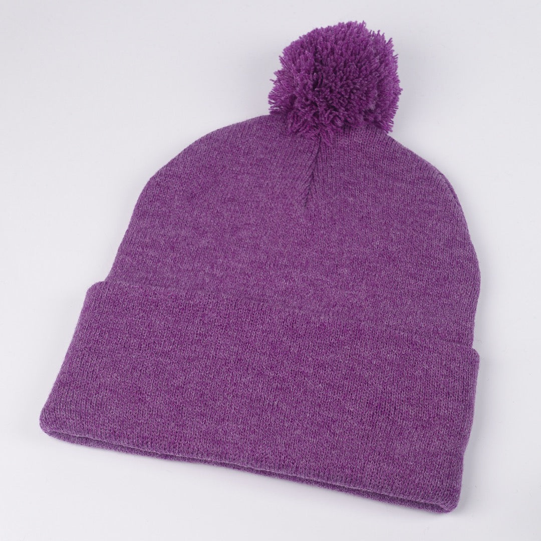 Custom Embroidered Pom Beanie - Sportsman SP15 option shown in Heather / Purple