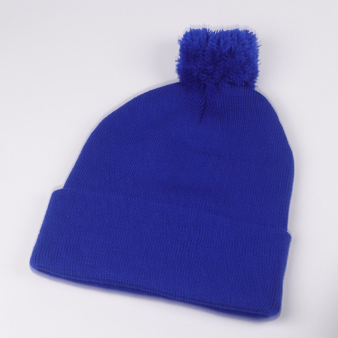 Custom Embroidered Pom Beanie - Sportsman SP15 option shown in Royal Blue