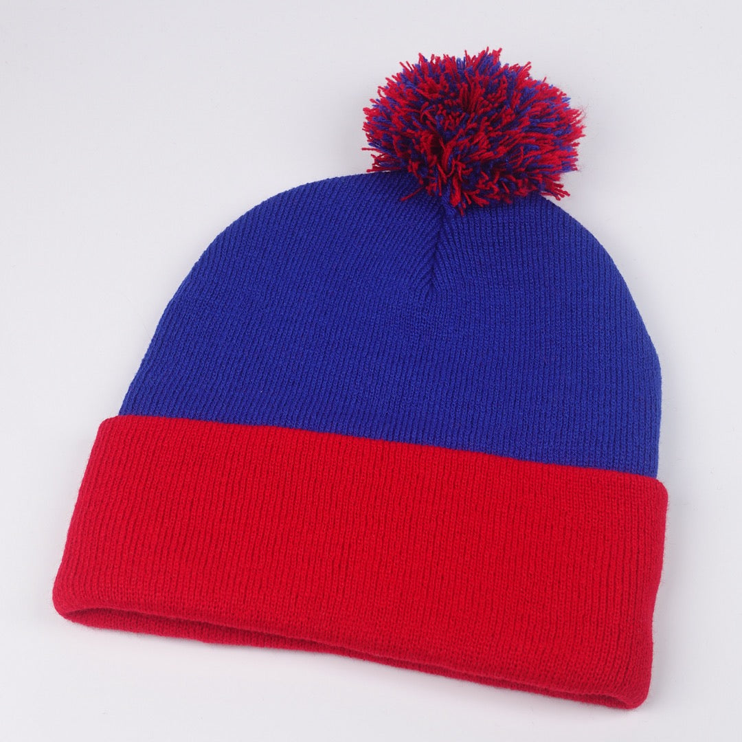 Custom Embroidered Pom Beanie - Sportsman SP15 option shown in Royal / Red