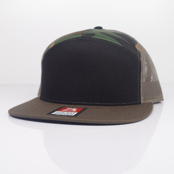 Custom Embroidered Flat Bill Hat - Richardson 168 option shown in Black Camo / Loden