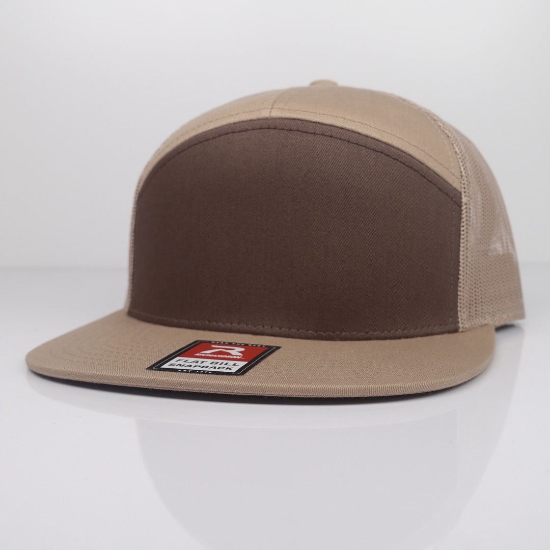 Custom Embroidered Flat Bill Hat - Richardson 168 option shown in Brown / Khaki
