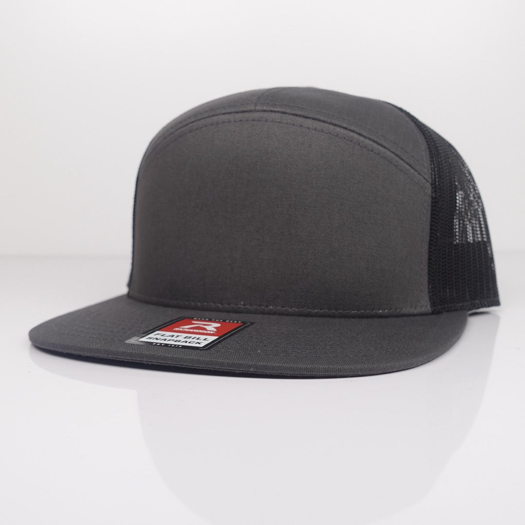 Custom Embroidered Flat Bill Hat - Richardson 168 option shown in Charcoal / Black