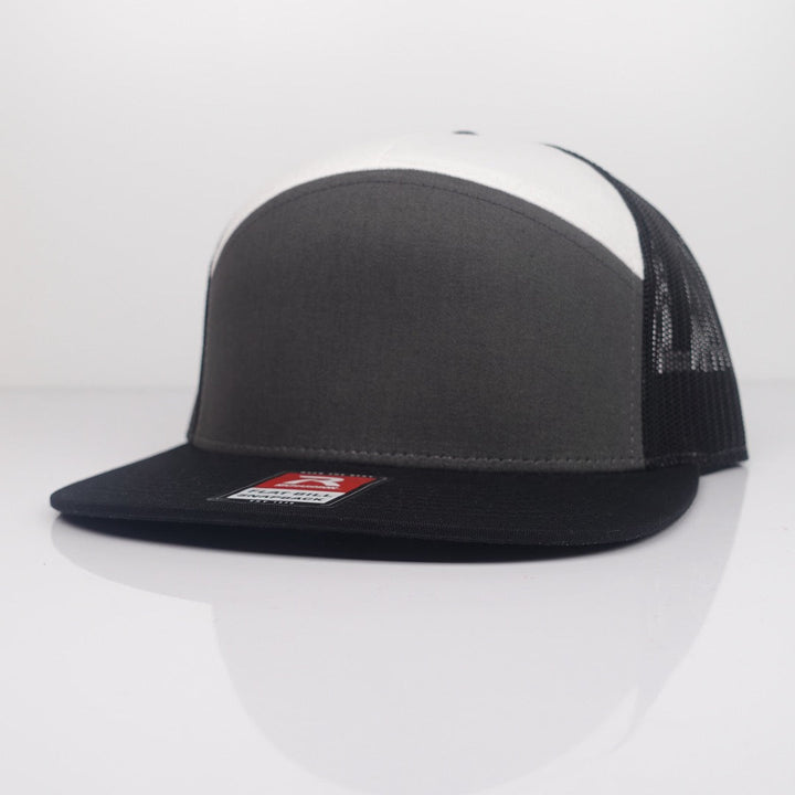 Custom Embroidered Flat Bill Hat - Richardson 168 option shown in Charcoal / Black / White
