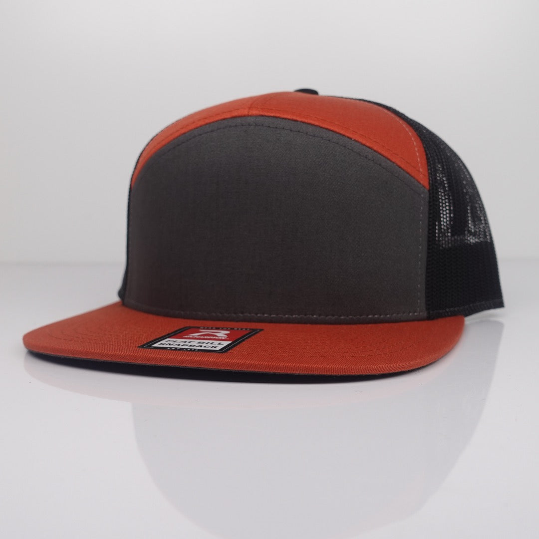 Custom Embroidered Flat Bill Hat - Richardson 168 option shown in Charcoal / Burnt Orange / Black