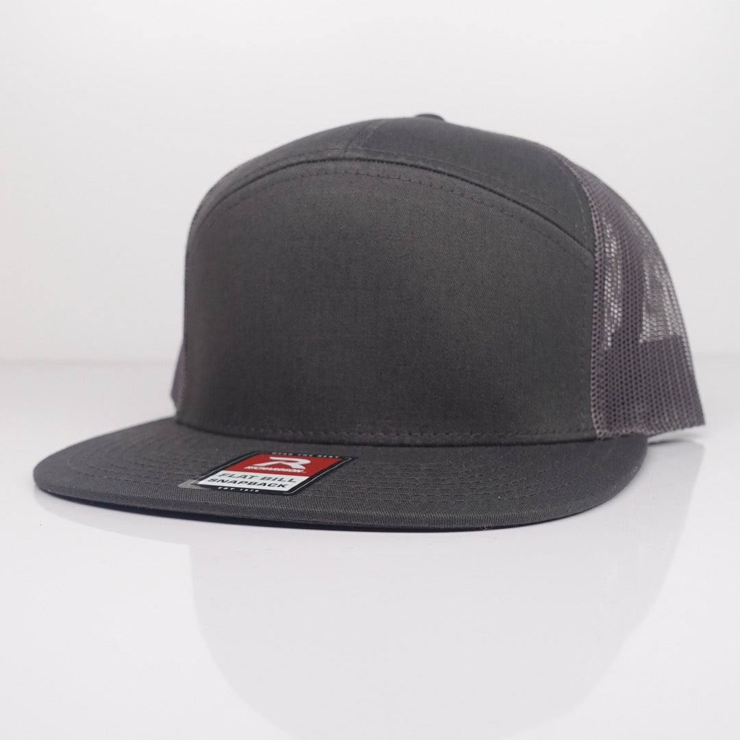 Custom Embroidered Flat Bill Hat - Richardson 168 option shown in Charcoal / Charcoal