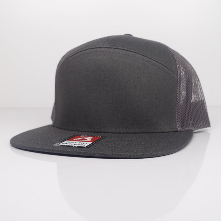 Custom Embroidered Flat Bill Hat - Richardson 168 option shown in Charcoal / Charcoal