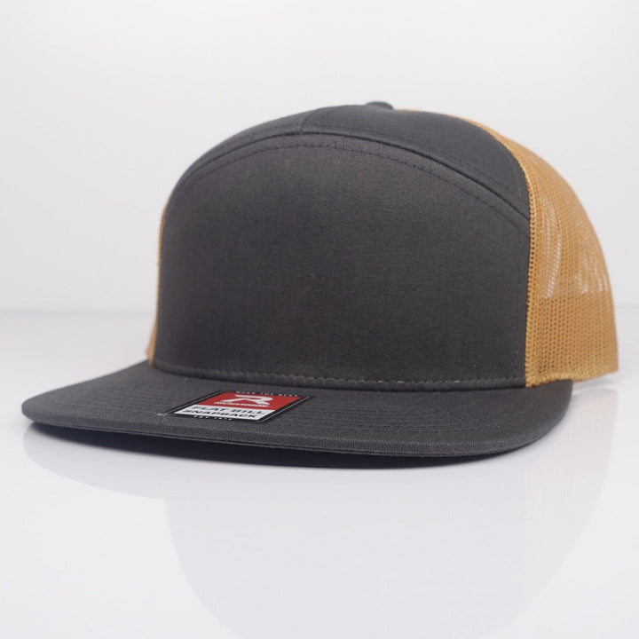 Custom Embroidered Flat Bill Hat - Richardson 168 option shown in Charcoal / Old Gold