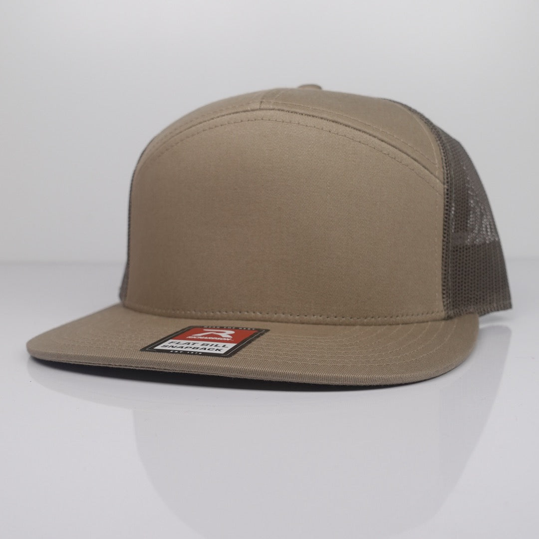Custom Embroidered Flat Bill Hat - Richardson 168 option shown in Pale Khaki / Loden Green