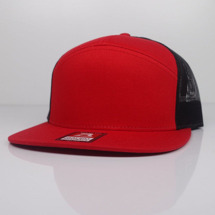 Custom Embroidered Flat Bill Hat - Richardson 168 option shown in Red / Black