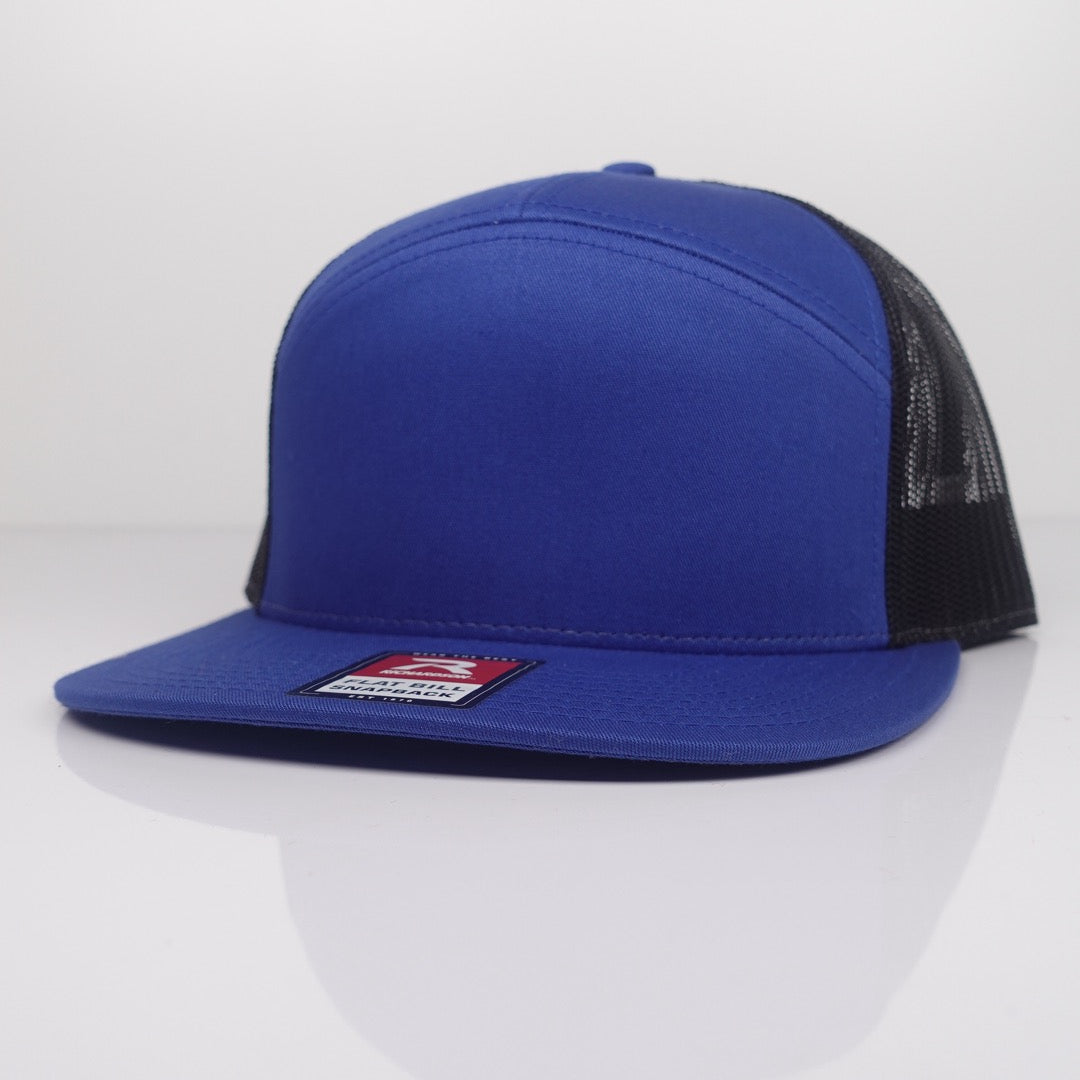 Custom Embroidered Flat Bill Hat - Richardson 168 option shown in Royal / Black