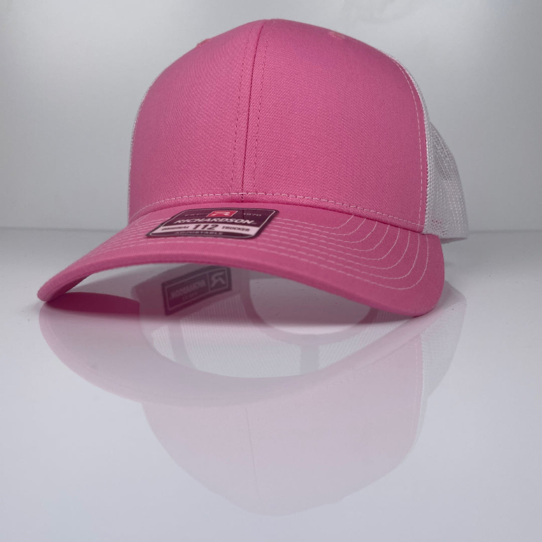 Hot Pink / White custom embroidered trucker hat blank side view for logo embroidery
