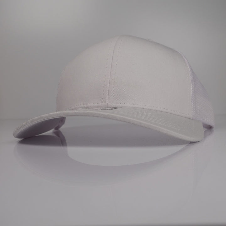 White / White custom embroidered trucker hat blank side view for logo embroidery