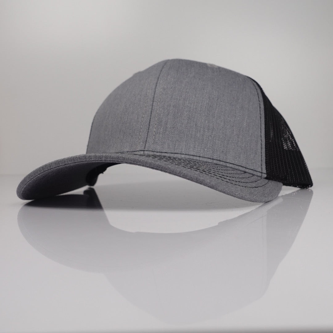 Heather Grey / Black Richardson 112-style custom trucker hat blank side view