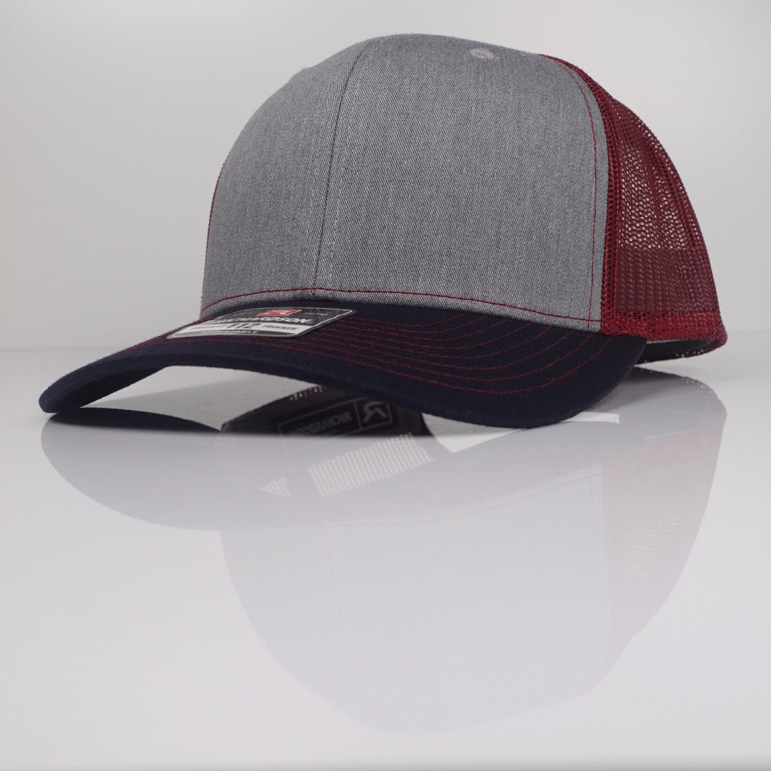 Heather Grey / Cardinal / Navy Richardson 112-style custom trucker hat blank side view