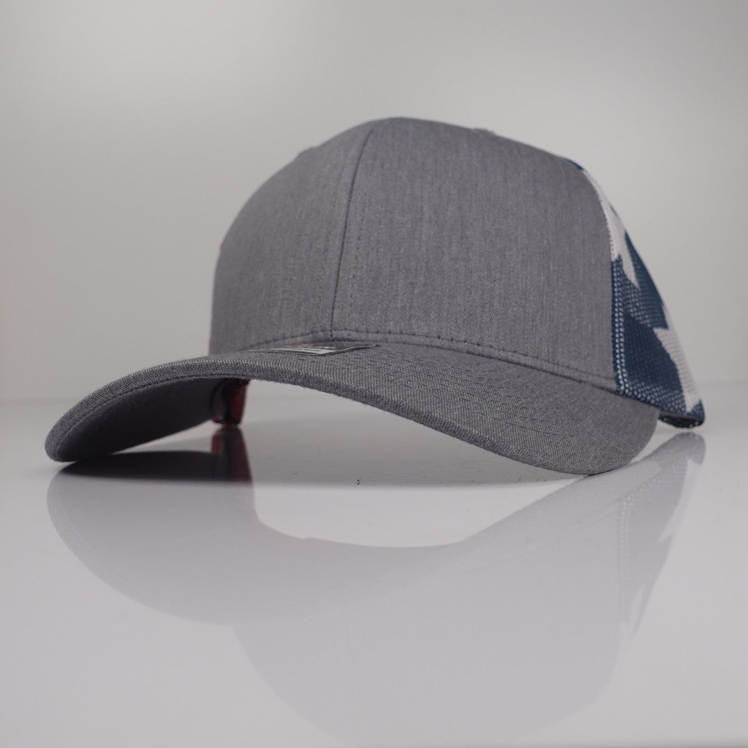 Heather Grey / Stars & Stripes Richardson 112-style custom trucker hat blank side view