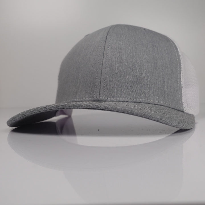 Heather Grey / White Richardson 112-style custom trucker hat blank side view