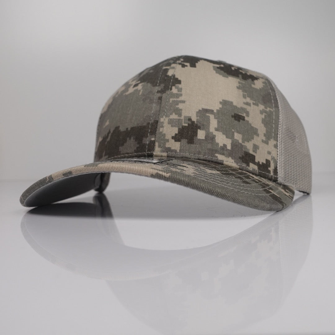 Military Digital Camo / Light Green Richardson 112-style custom trucker hat blank side view