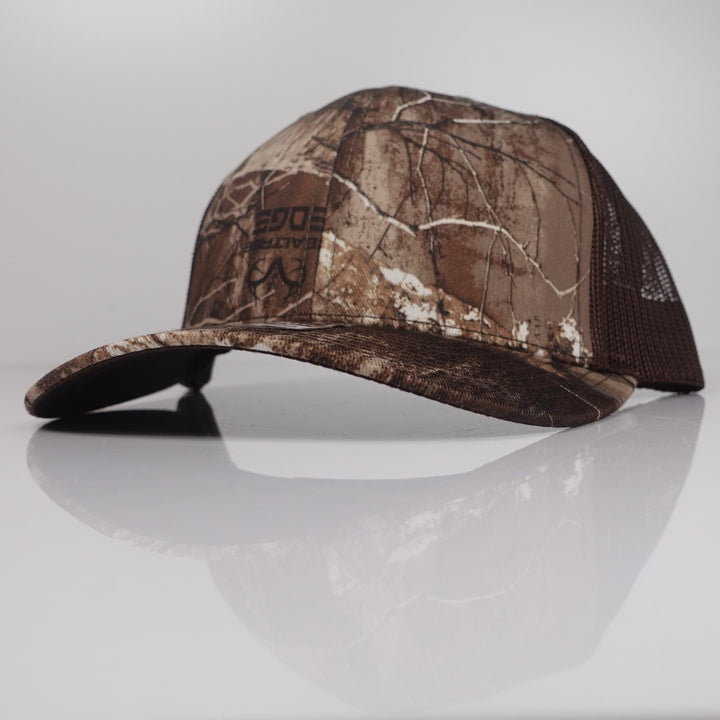Realtree Max brown camo Richardson 112-style custom trucker hat blank side view