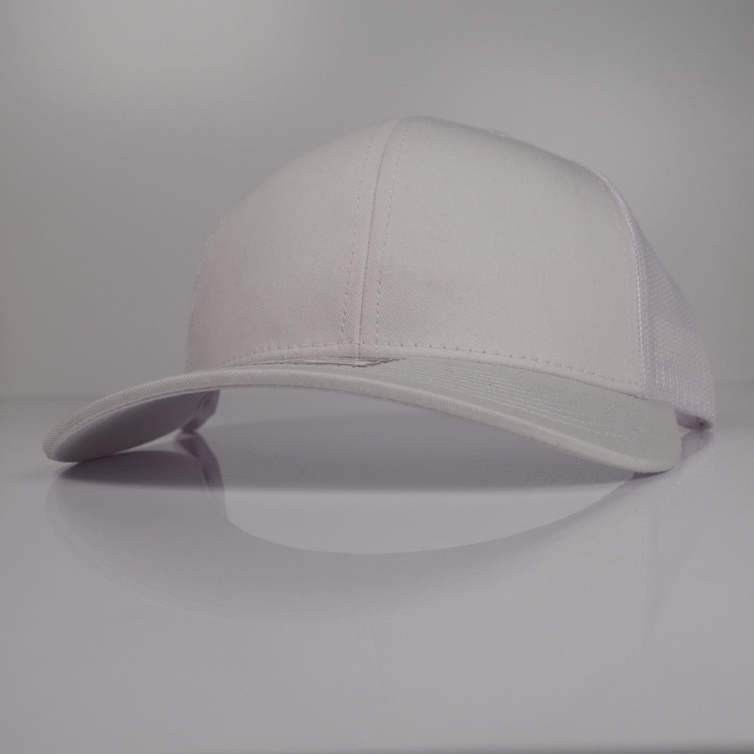 White / White Richardson 112-style custom trucker hat blank side view