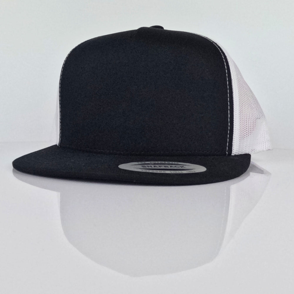 Custom Flat Bill Hat - Richardson 168 option shown as Black White Yupoong Flatbill 5 Panel