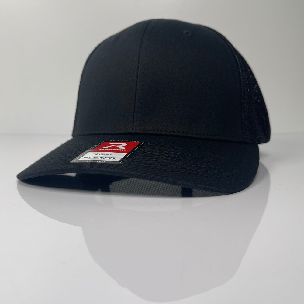 Custom Fitted Hat - Richardson 110 option shown as Blank Black Black FlexFit