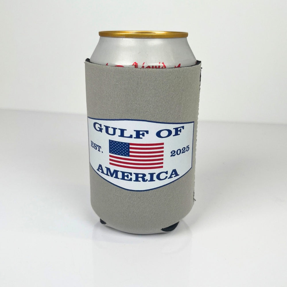 Angled view of Gulf of America 3mm neoprene can cooler with black interior