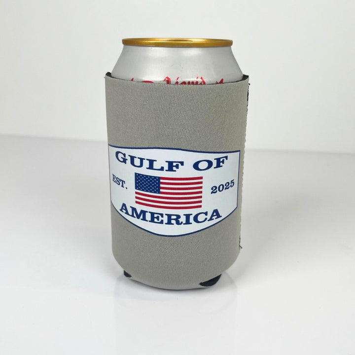 Angled view of Gulf of America 3mm neoprene can cooler with black interior