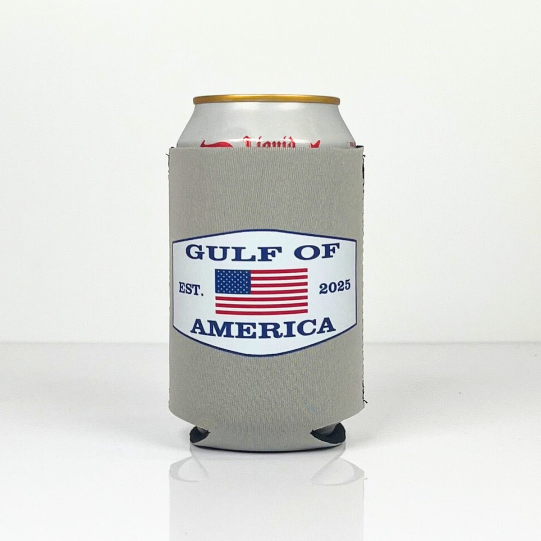 Gulf of America koozie standard can cooler with American flag design on light grey neoprene